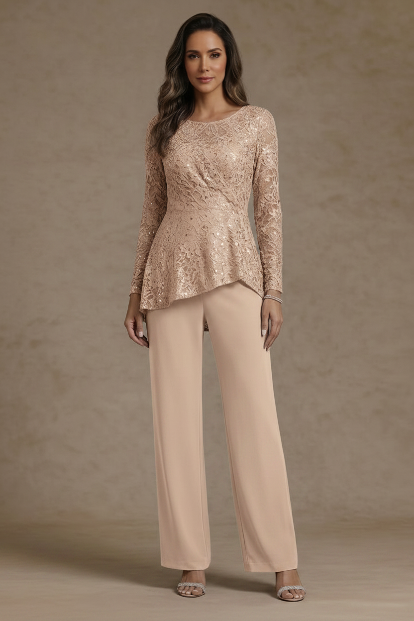 3 Pieces Suit Scoop Chiffon Mother of the Bride Pantsuits Lace Ankle-Length Long Sleeves
