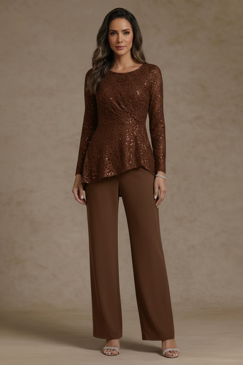 3 Pieces Suit Scoop Chiffon Mother of the Bride Pantsuits Lace Ankle-Length Long Sleeves