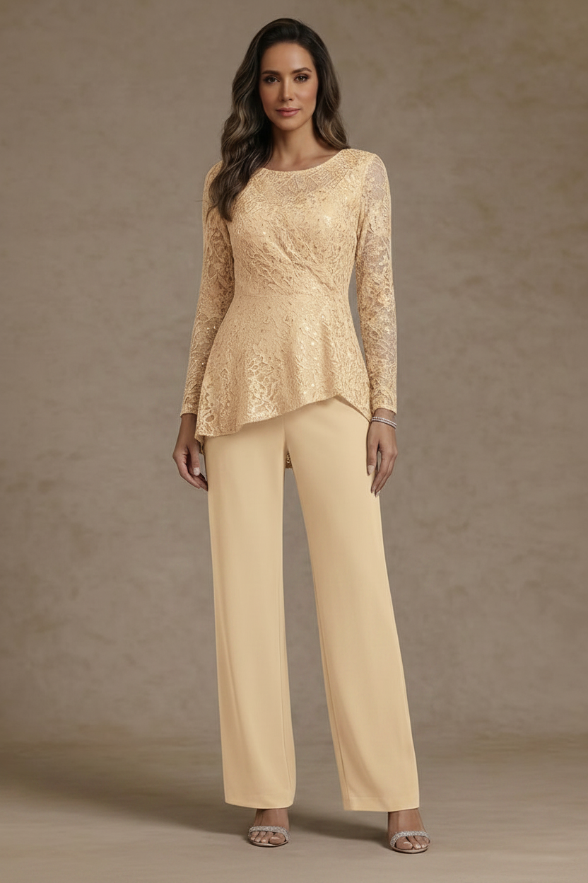 3 Pieces Suit Scoop Chiffon Mother of the Bride Pantsuits Lace Ankle-Length Long Sleeves