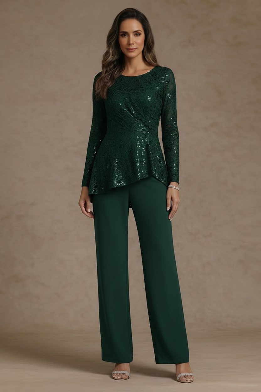3 Pieces Suit Scoop Chiffon Mother of the Bride Pantsuits Lace Ankle-Length Long Sleeves
