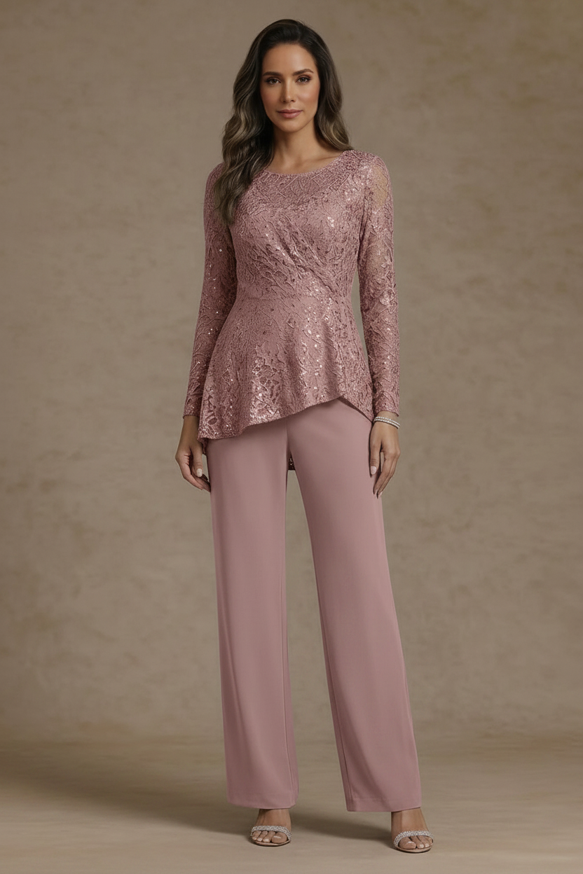 3 Pieces Suit Scoop Chiffon Mother of the Bride Pantsuits Lace Ankle-Length Long Sleeves