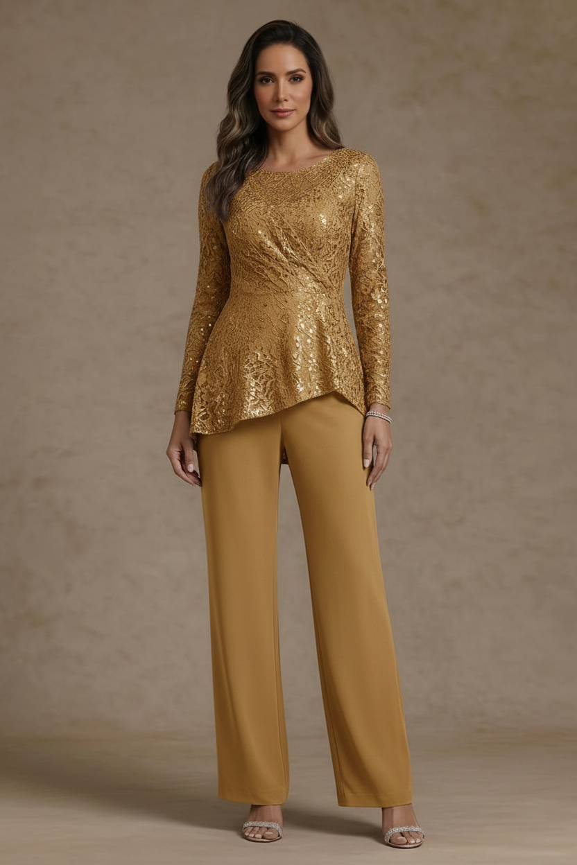 3 Pieces Suit Scoop Chiffon Mother of the Bride Pantsuits Lace Ankle-Length Long Sleeves