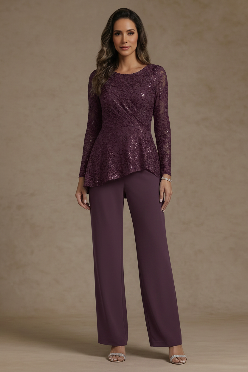 3 Pieces Suit Scoop Chiffon Mother of the Bride Pantsuits Lace Ankle-Length Long Sleeves