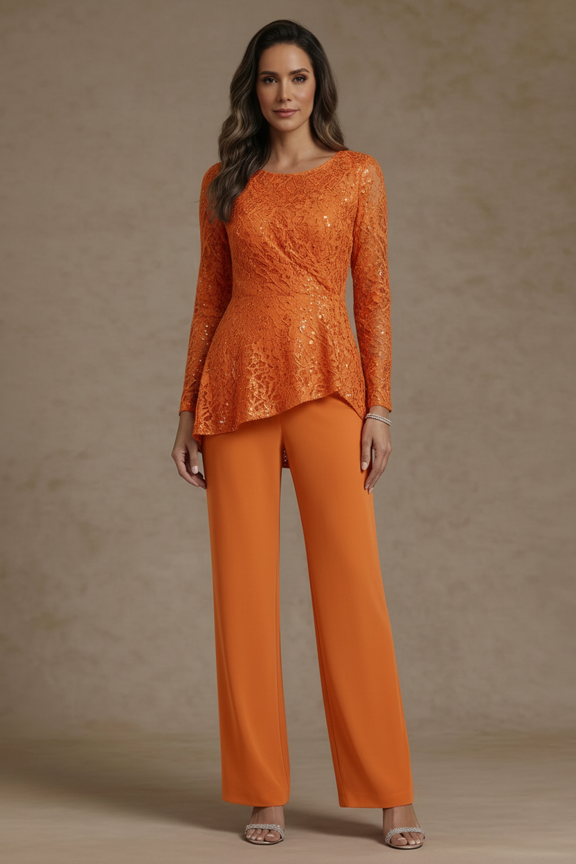 3 Pieces Suit Scoop Chiffon Mother of the Bride Pantsuits Lace Ankle-Length Long Sleeves