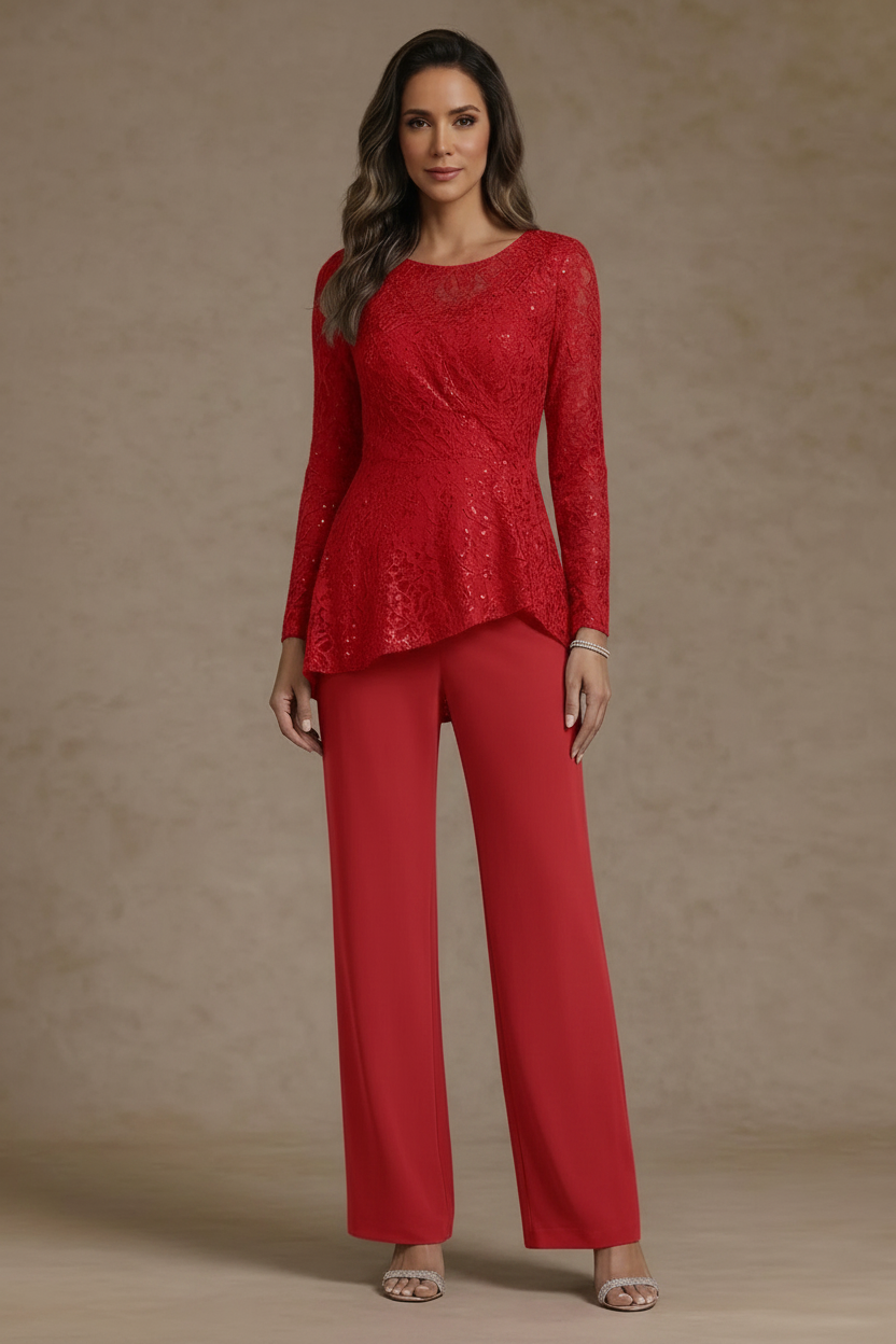 3 Pieces Suit Scoop Chiffon Mother of the Bride Pantsuits Lace Ankle-Length Long Sleeves