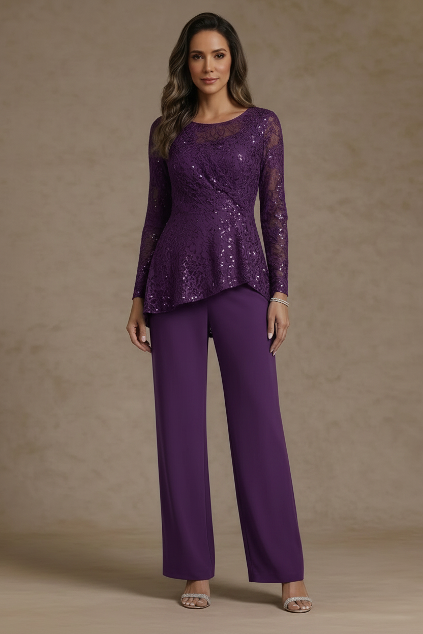 3 Pieces Suit Scoop Chiffon Mother of the Bride Pantsuits Lace Ankle-Length Long Sleeves