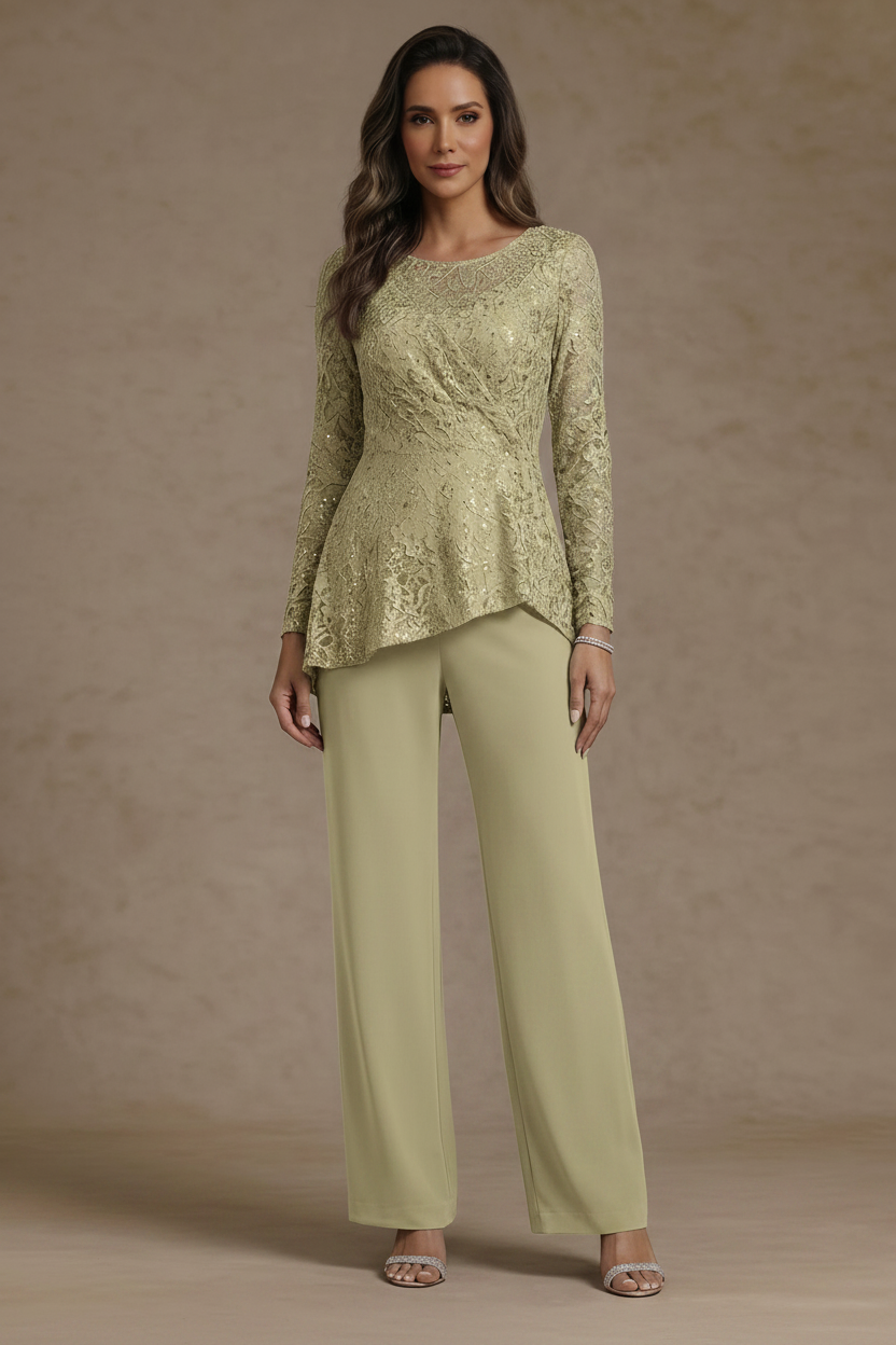 3 Pieces Suit Scoop Chiffon Mother of the Bride Pantsuits Lace Ankle-Length Long Sleeves