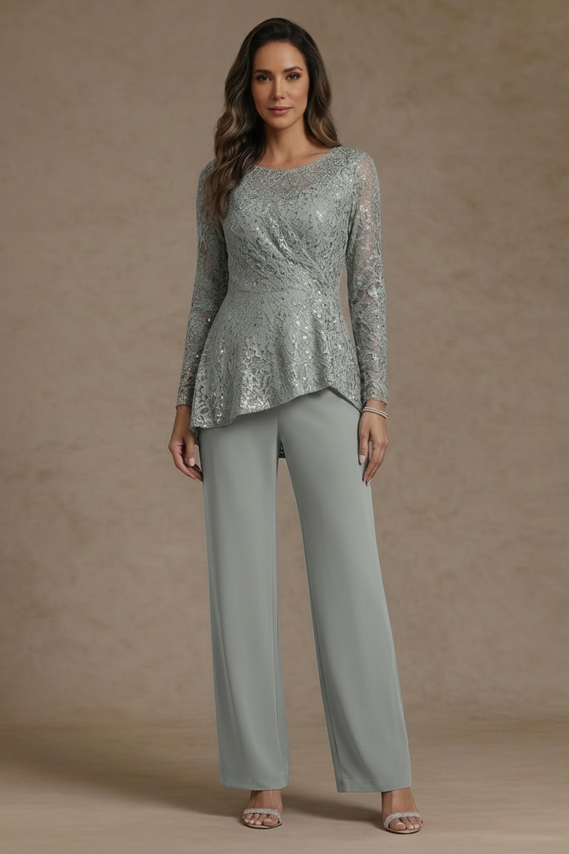 3 Pieces Suit Scoop Chiffon Mother of the Bride Pantsuits Lace Ankle-Length Long Sleeves