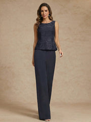 3 Pieces Suit Scoop Chiffon Mother of the Bride Pantsuits Lace Ankle-Length Long Sleeves