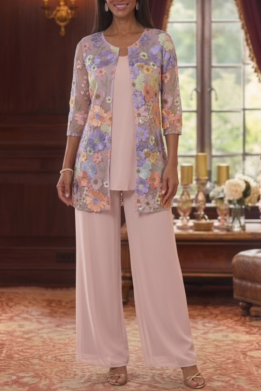 3 Pieces Suit Scoop Chiffon Mother of the Bride Pantsuits with Jacket Half Sleeves Lace Floral Ankle-Length