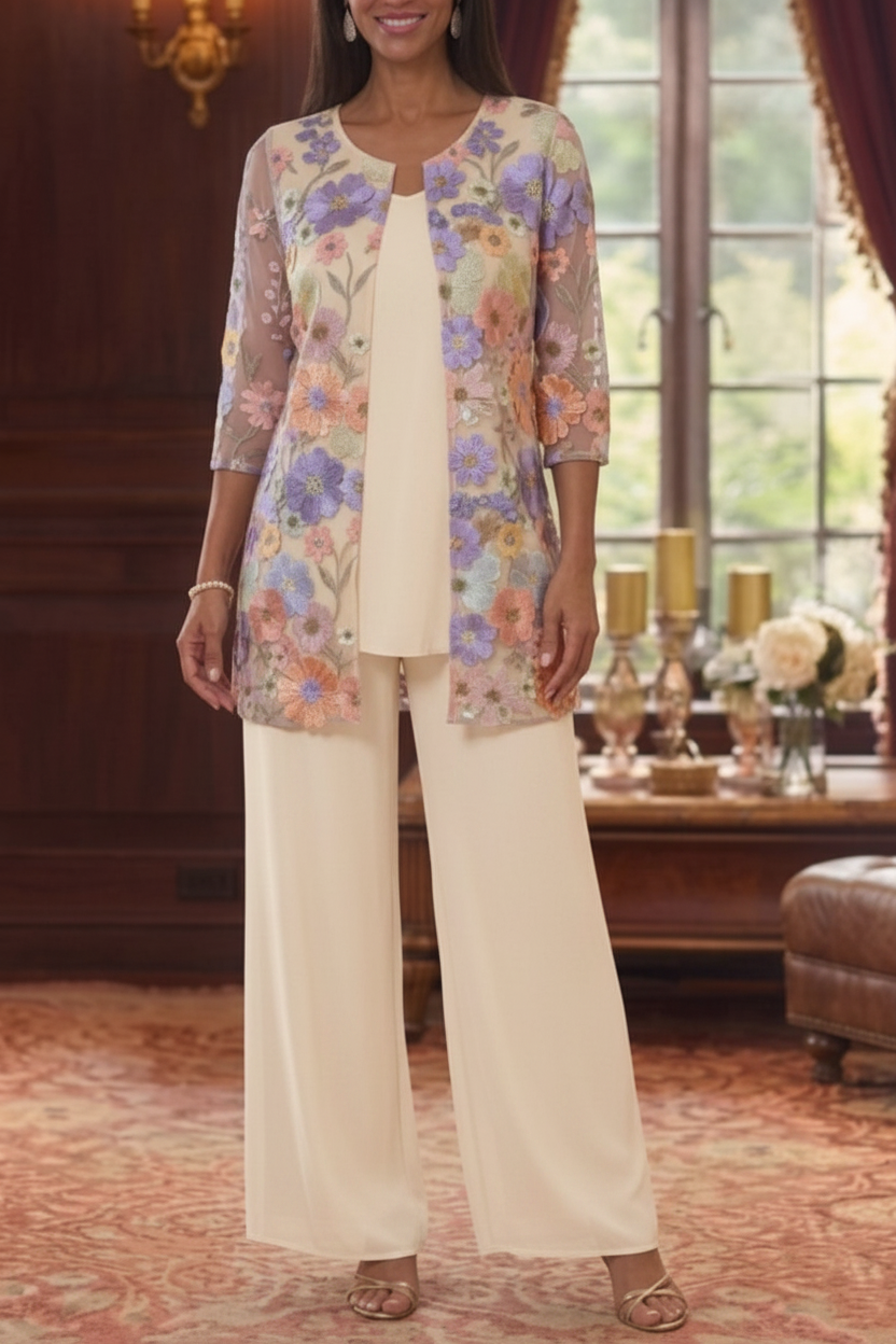 3 Pieces Suit Scoop Chiffon Mother of the Bride Pantsuits with Jacket Half Sleeves Lace Floral Ankle-Length