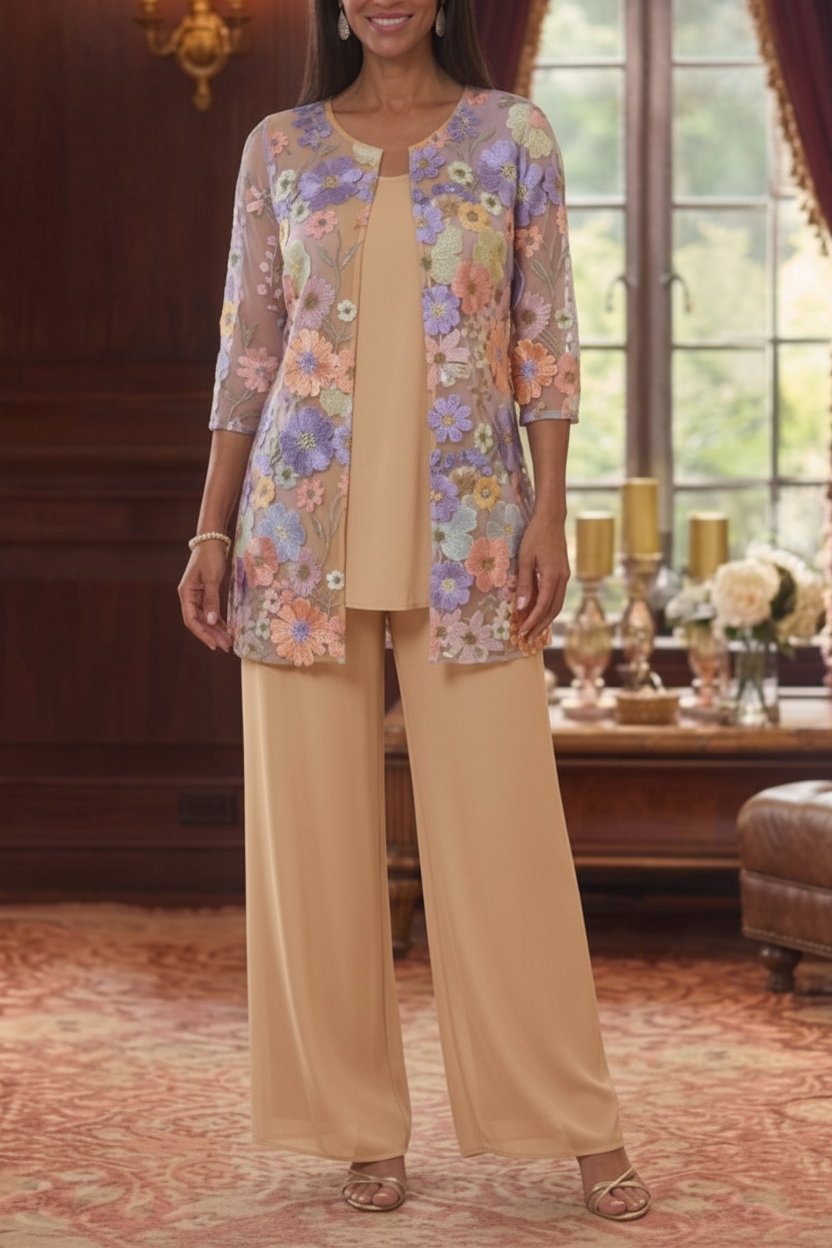 3 Pieces Suit Scoop Chiffon Mother of the Bride Pantsuits with Jacket Half Sleeves Lace Floral Ankle-Length