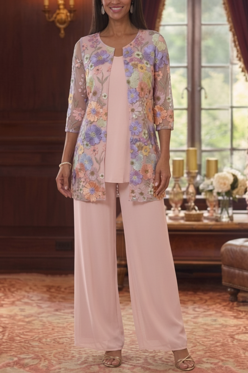 3 Pieces Suit Scoop Chiffon Mother of the Bride Pantsuits with Jacket Half Sleeves Lace Floral Ankle-Length