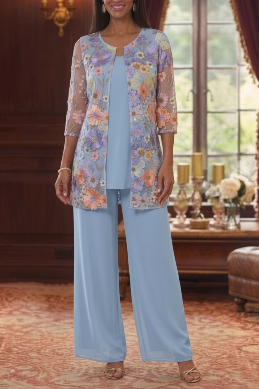 3 Pieces Suit Scoop Chiffon Mother of the Bride Pantsuits with Jacket Half Sleeves Lace Floral Ankle-Length