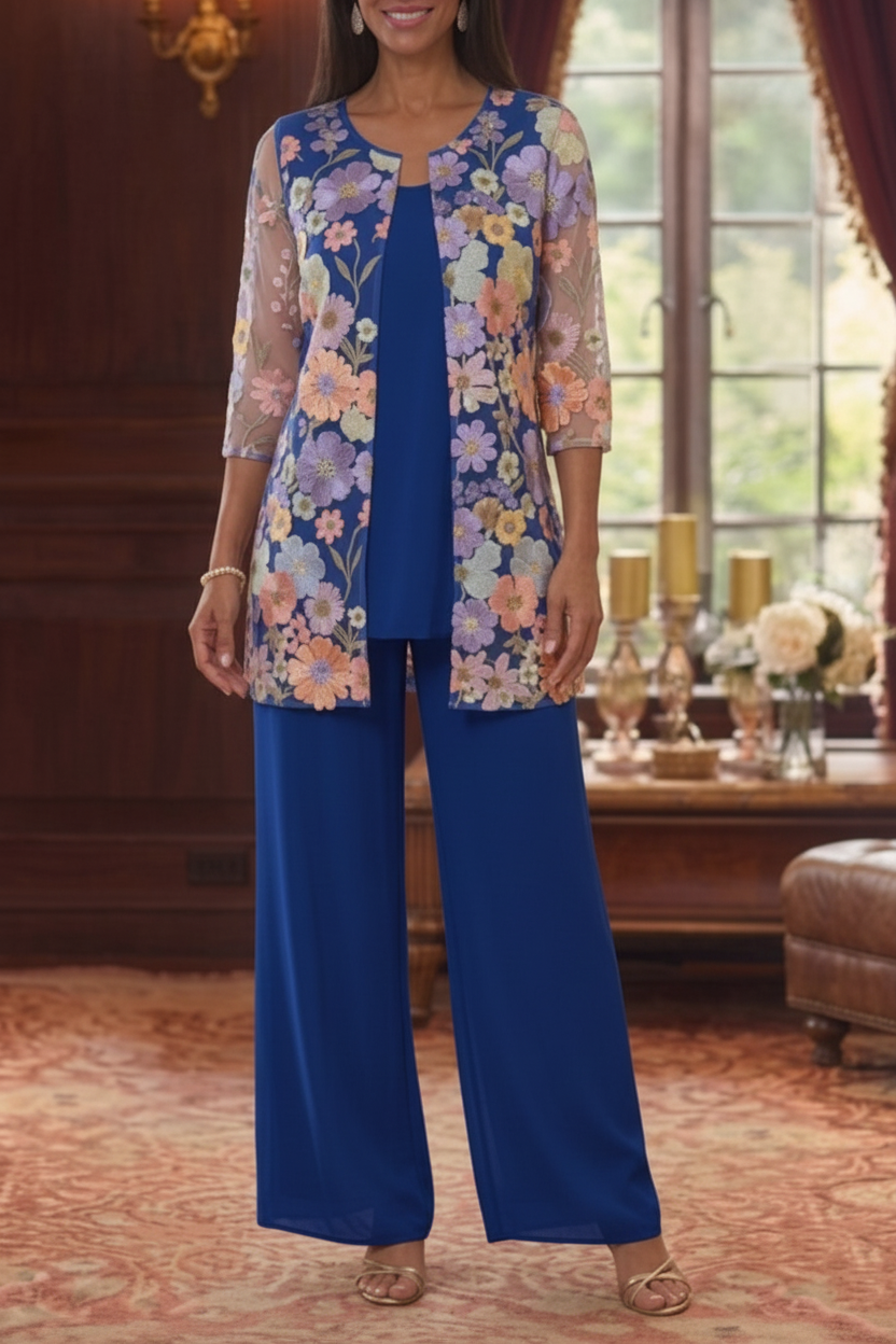 3 Pieces Suit Scoop Chiffon Mother of the Bride Pantsuits with Jacket Half Sleeves Lace Floral Ankle-Length