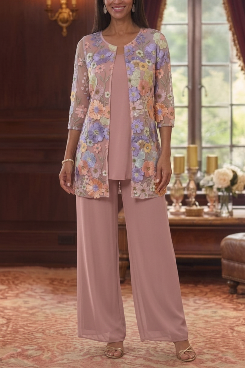 3 Pieces Suit Scoop Chiffon Mother of the Bride Pantsuits with Jacket Half Sleeves Lace Floral Ankle-Length