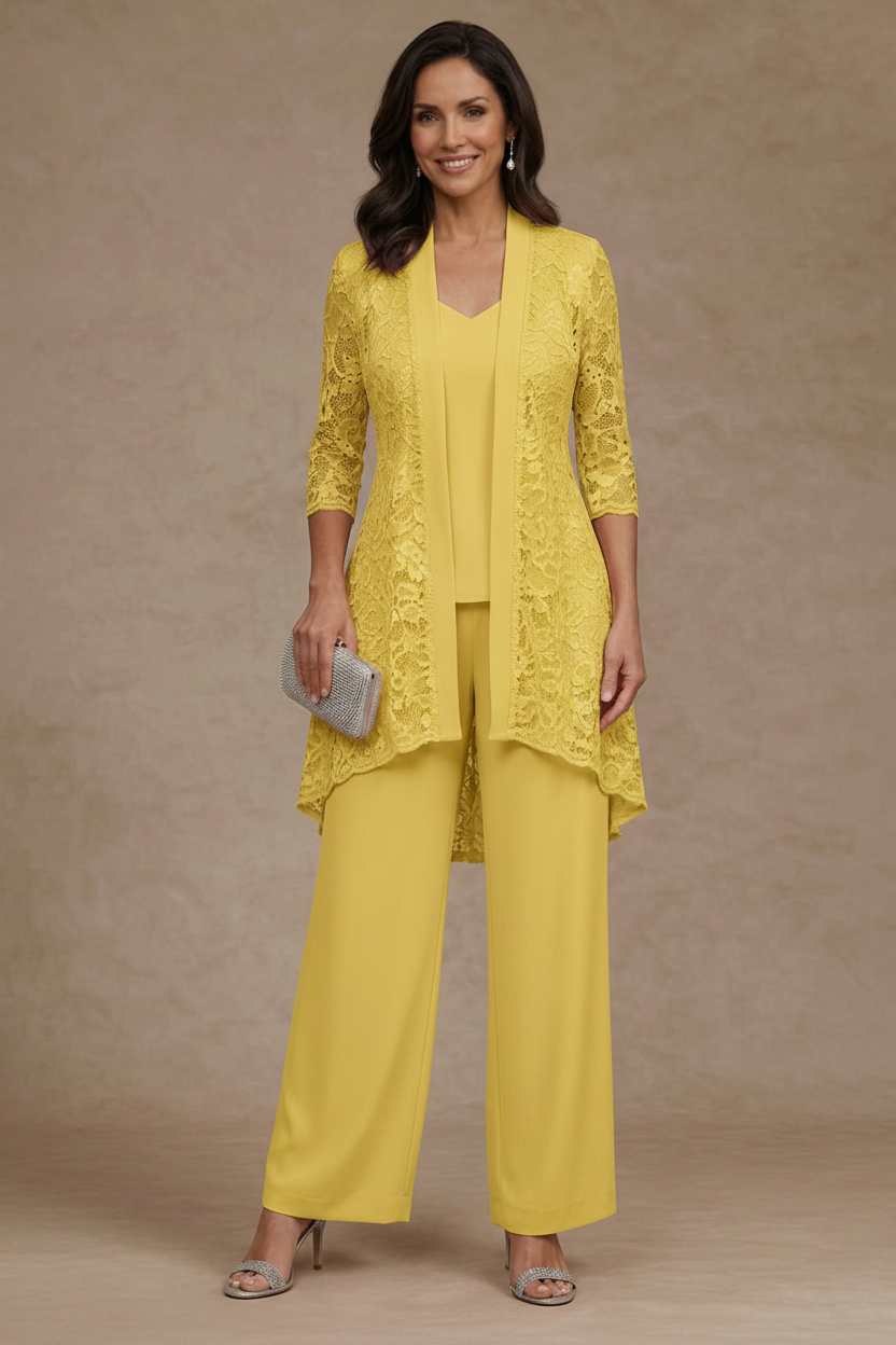 3 Pieces Suit V-Neck Chiffon Mother of the Bride Pantsuits with Jacket Lace Ankle-Length 3/4 Sleeves