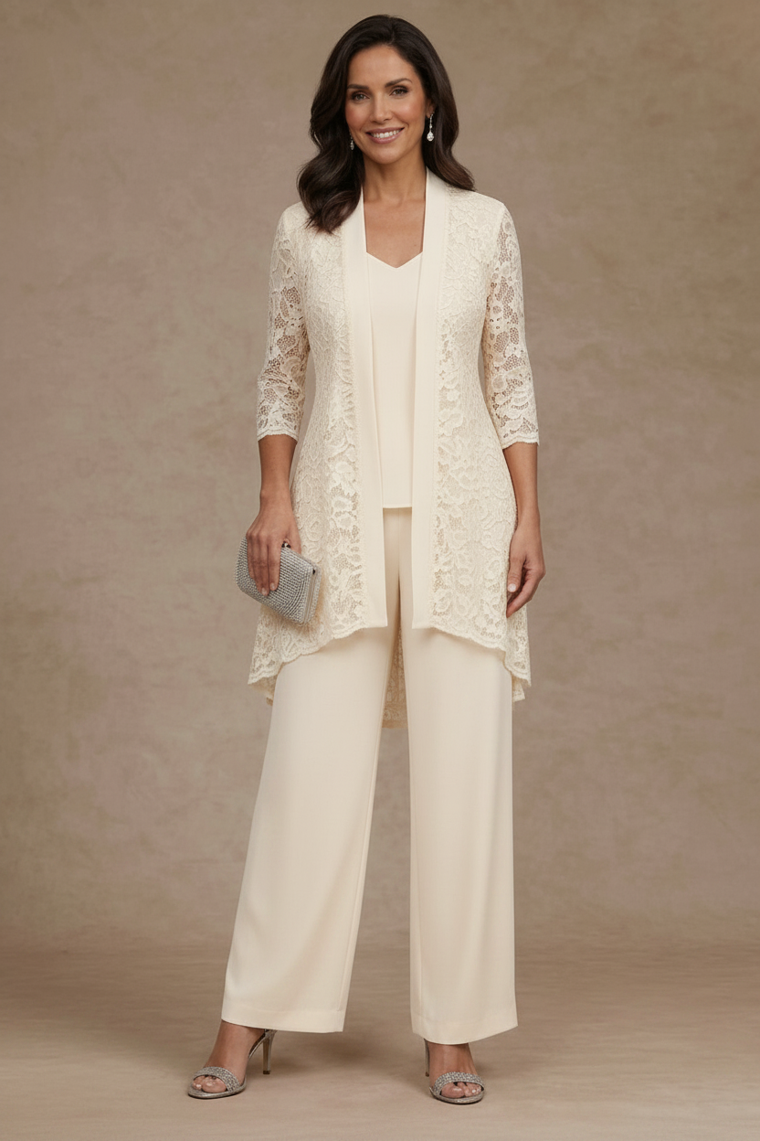 3 Pieces Suit V-Neck Chiffon Mother of the Bride Pantsuits with Jacket Lace Ankle-Length 3/4 Sleeves