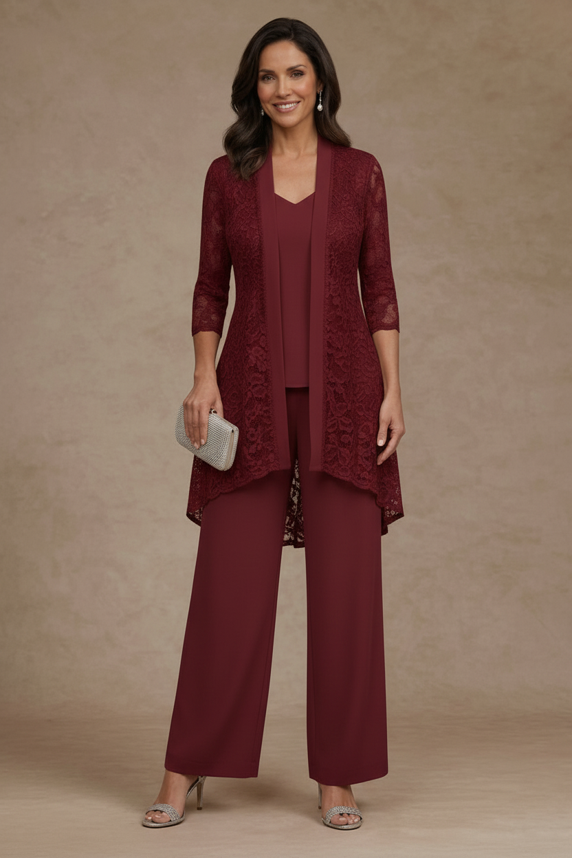 3 Pieces Suit V-Neck Chiffon Mother of the Bride Pantsuits with Jacket Lace Ankle-Length 3/4 Sleeves