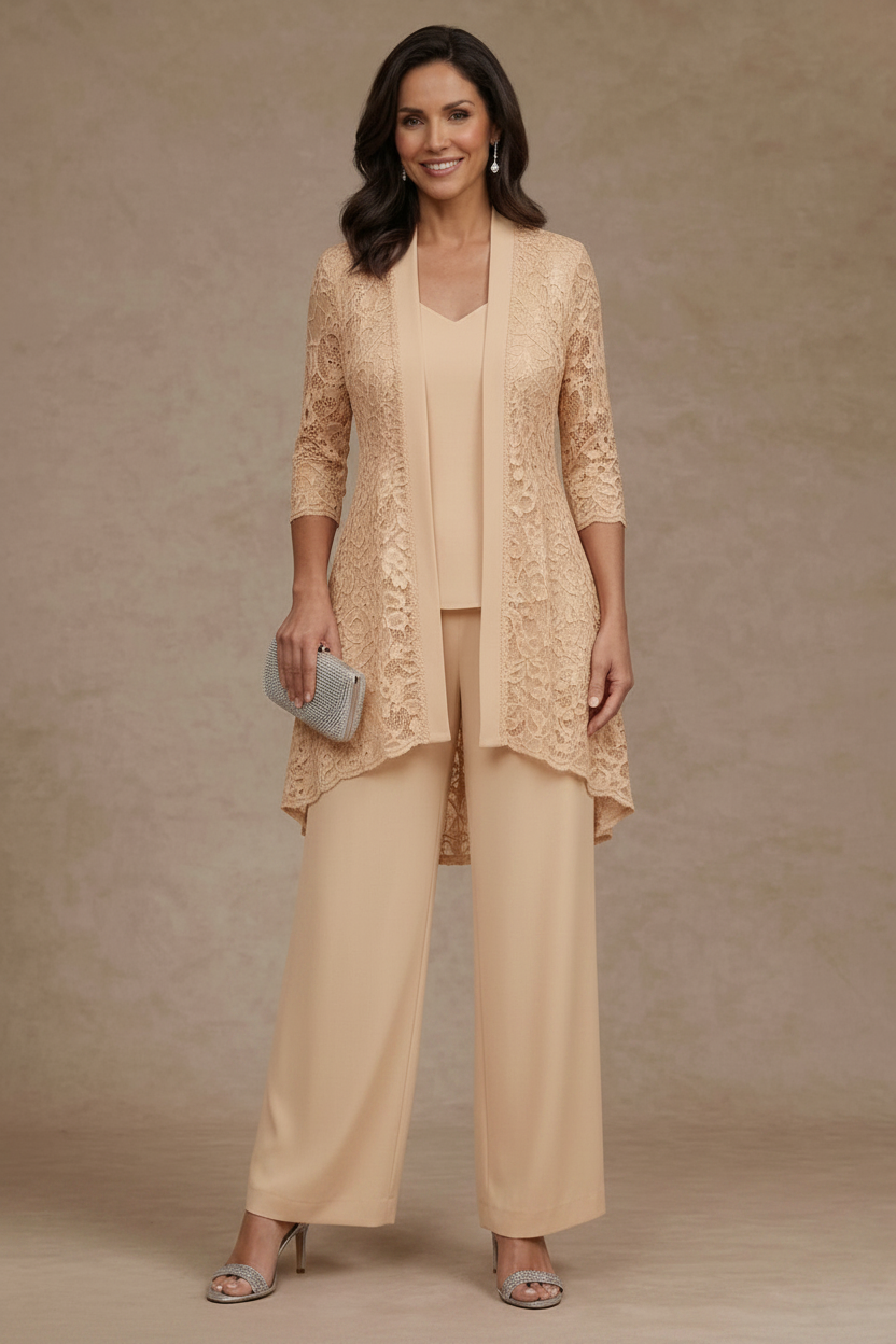 3 Pieces Suit V-Neck Chiffon Mother of the Bride Pantsuits with Jacket Lace Ankle-Length 3/4 Sleeves