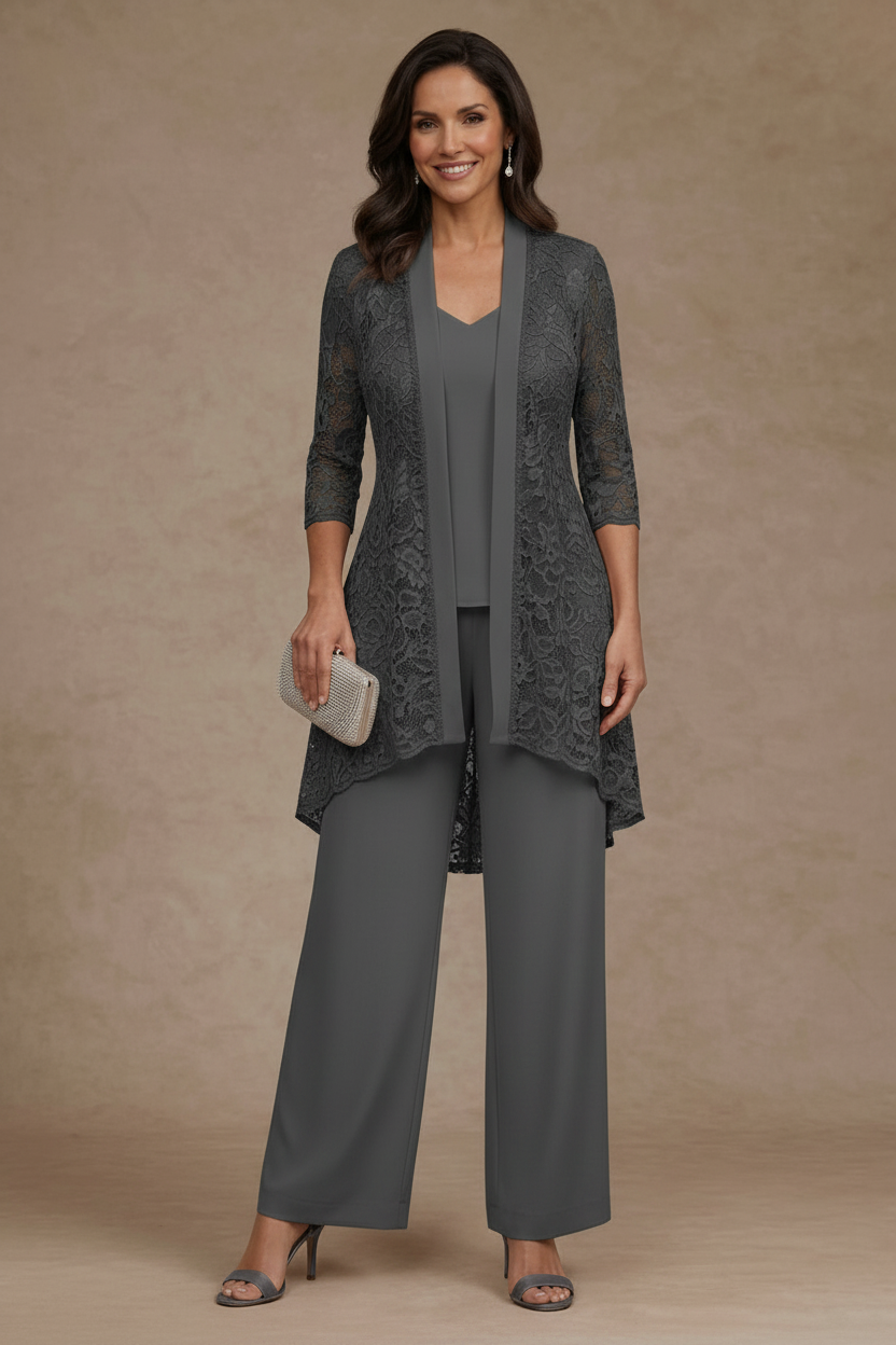 3 Pieces Suit V-Neck Chiffon Mother of the Bride Pantsuits with Jacket Lace Ankle-Length 3/4 Sleeves