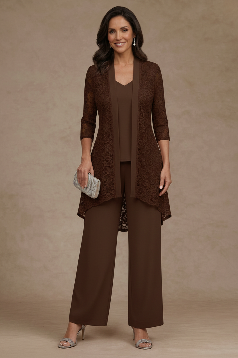 3 Pieces Suit V-Neck Chiffon Mother of the Bride Pantsuits with Jacket Lace Ankle-Length 3/4 Sleeves