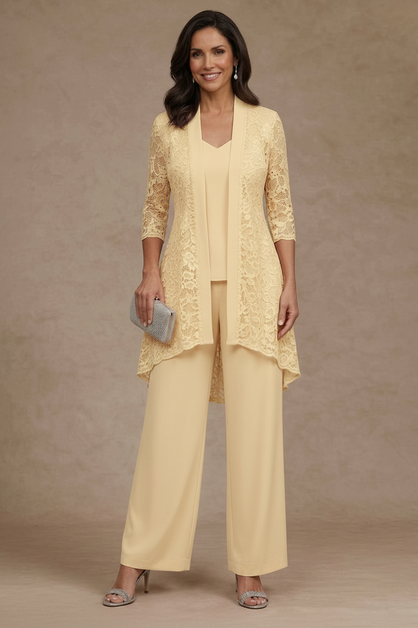 3 Pieces Suit V-Neck Chiffon Mother of the Bride Pantsuits with Jacket Lace Ankle-Length 3/4 Sleeves
