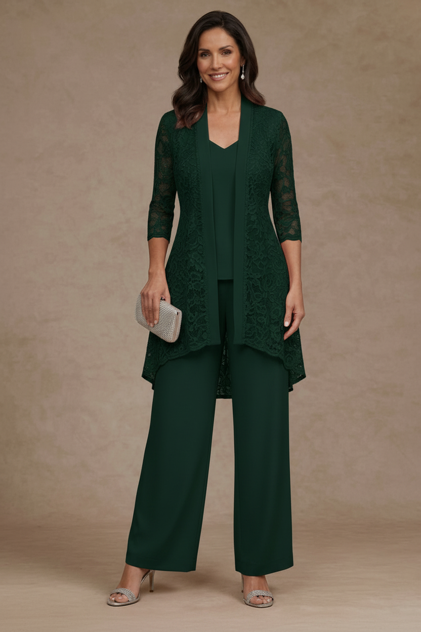 3 Pieces Suit V-Neck Chiffon Mother of the Bride Pantsuits with Jacket Lace Ankle-Length 3/4 Sleeves
