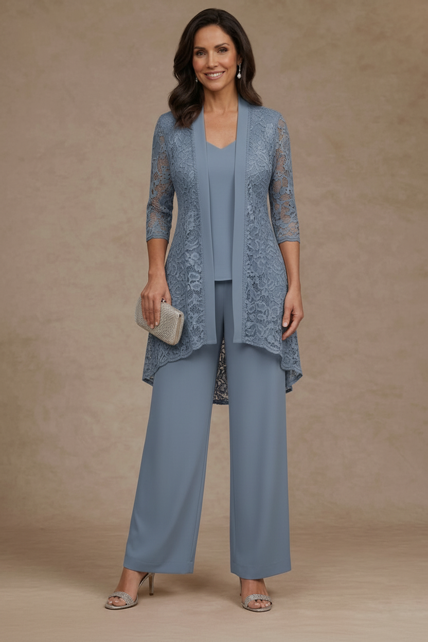 3 Pieces Suit V-Neck Chiffon Mother of the Bride Pantsuits with Jacket Lace Ankle-Length 3/4 Sleeves