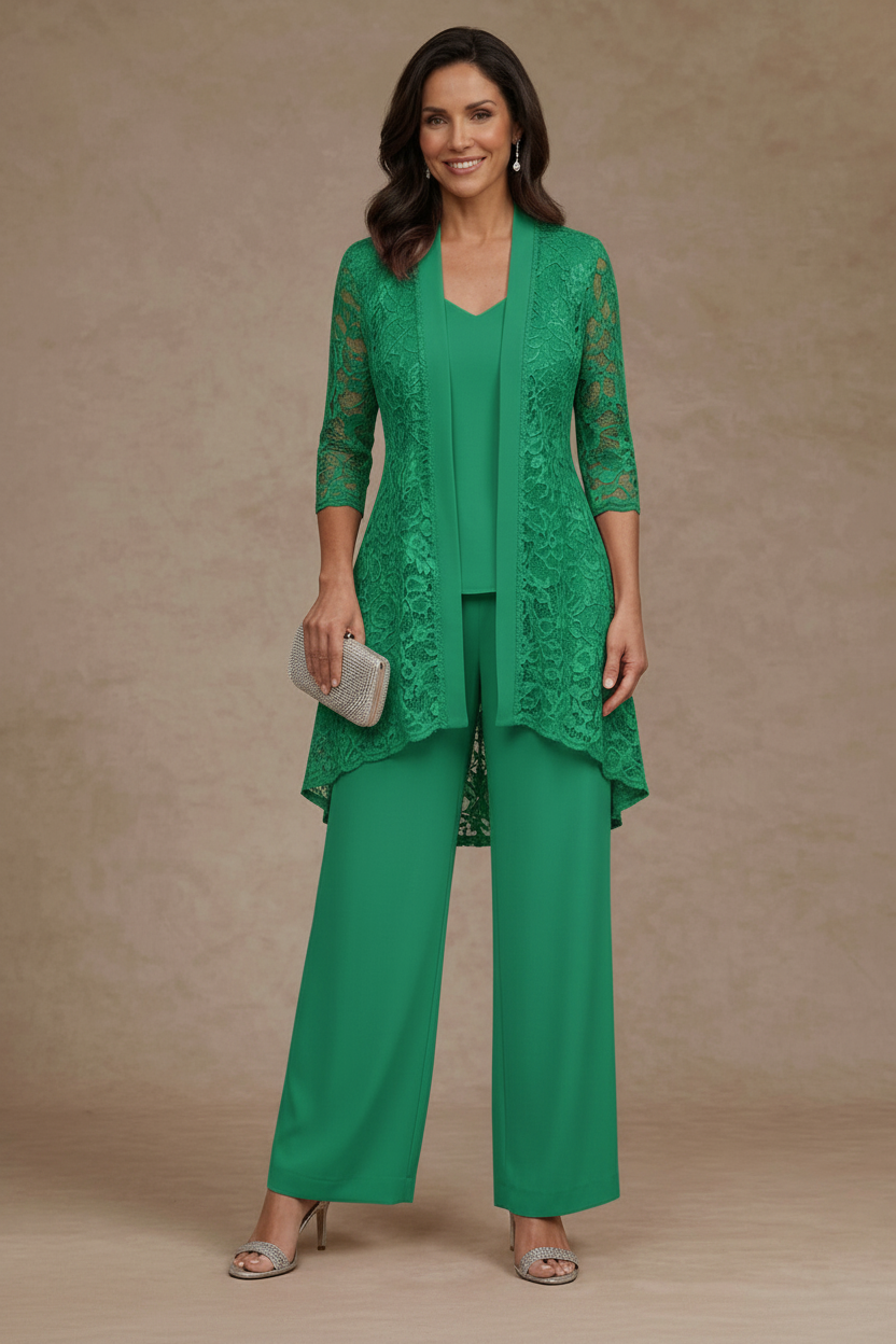 3 Pieces Suit V-Neck Chiffon Mother of the Bride Pantsuits with Jacket Lace Ankle-Length 3/4 Sleeves
