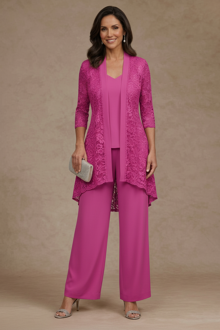 3 Pieces Suit V-Neck Chiffon Mother of the Bride Pantsuits with Jacket Lace Ankle-Length 3/4 Sleeves