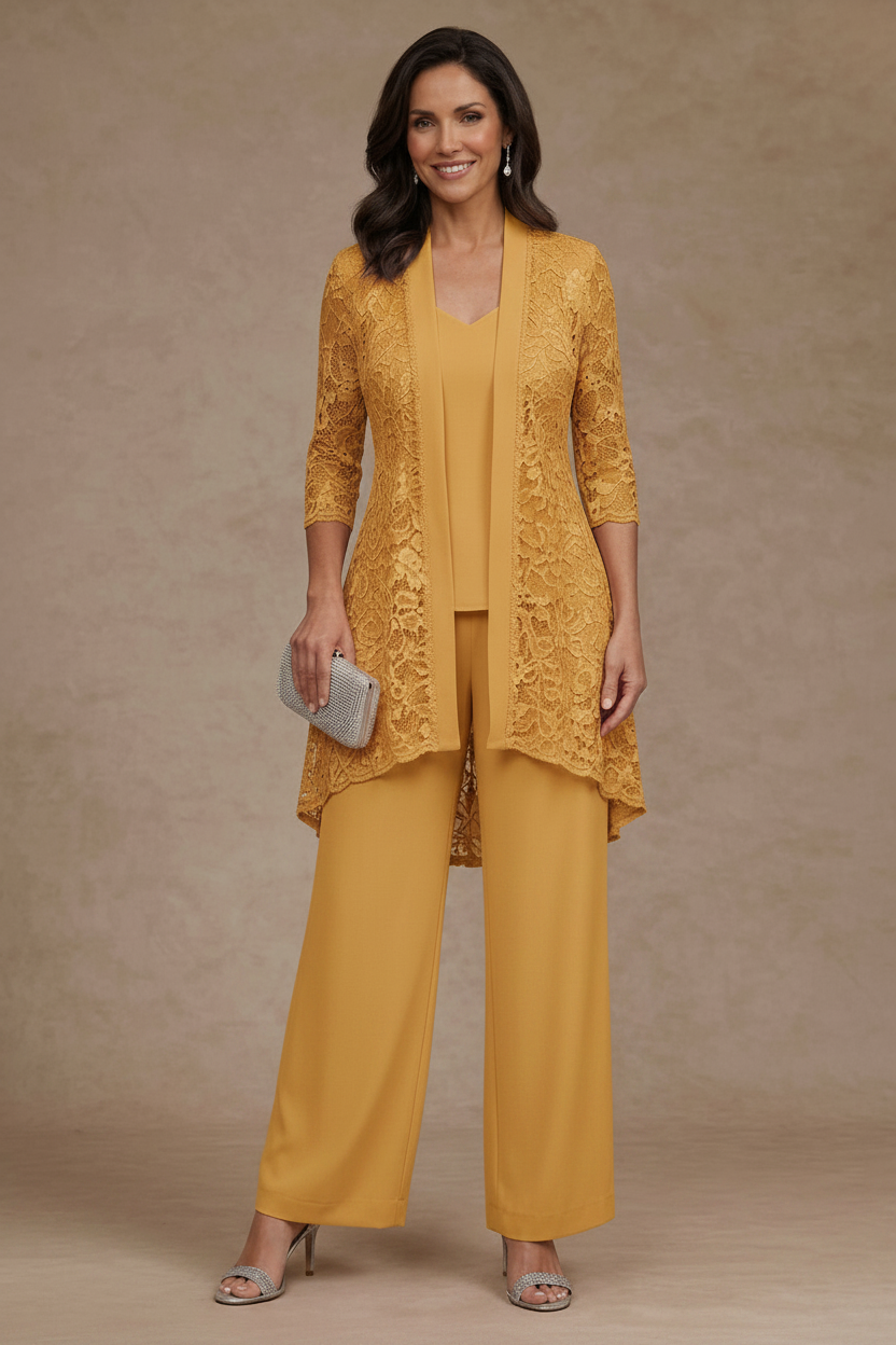 3 Pieces Suit V-Neck Chiffon Mother of the Bride Pantsuits with Jacket Lace Ankle-Length 3/4 Sleeves