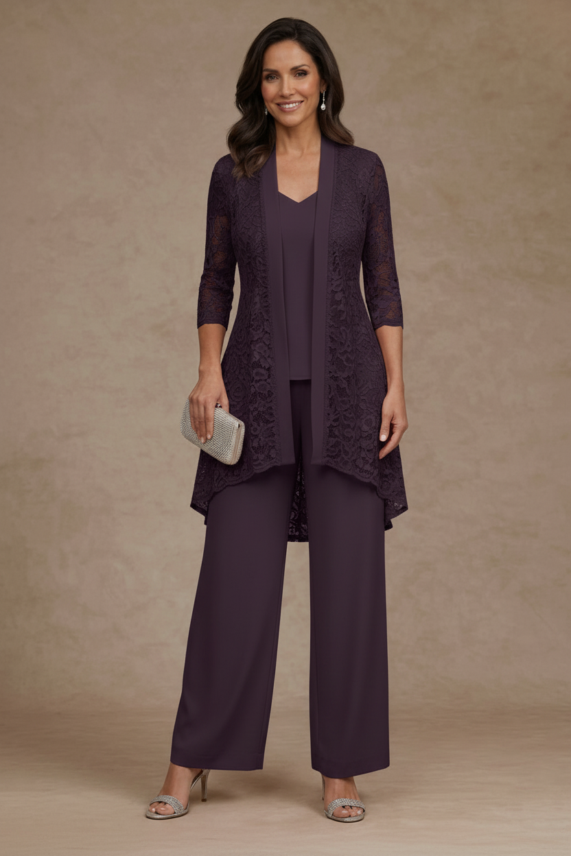 3 Pieces Suit V-Neck Chiffon Mother of the Bride Pantsuits with Jacket Lace Ankle-Length 3/4 Sleeves