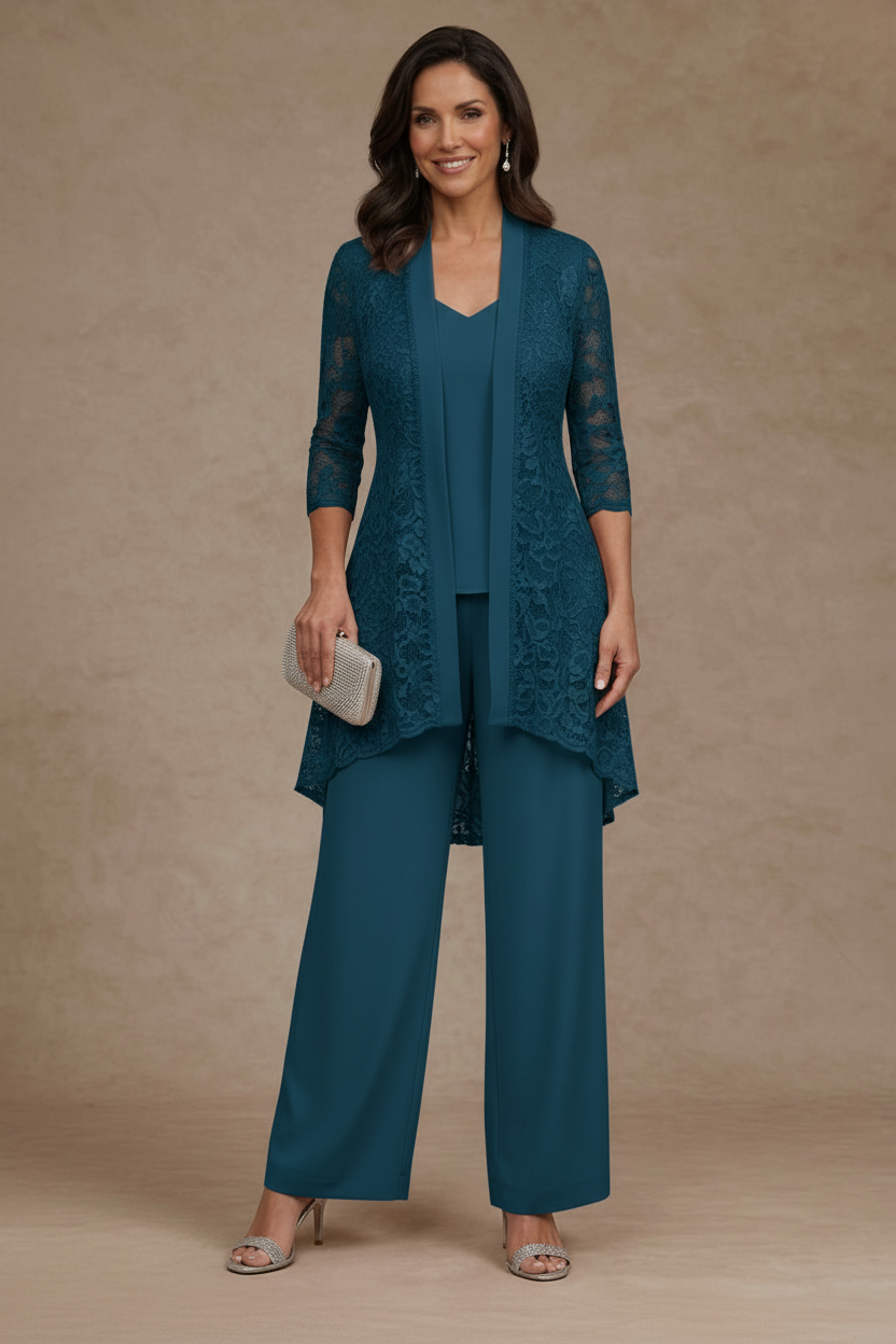 3 Pieces Suit V-Neck Chiffon Mother of the Bride Pantsuits with Jacket Lace Ankle-Length 3/4 Sleeves