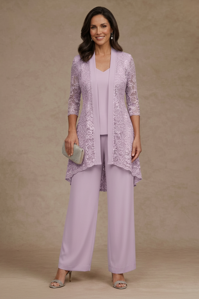 3 Pieces Suit V-Neck Chiffon Mother of the Bride Pantsuits with Jacket Lace Ankle-Length 3/4 Sleeves