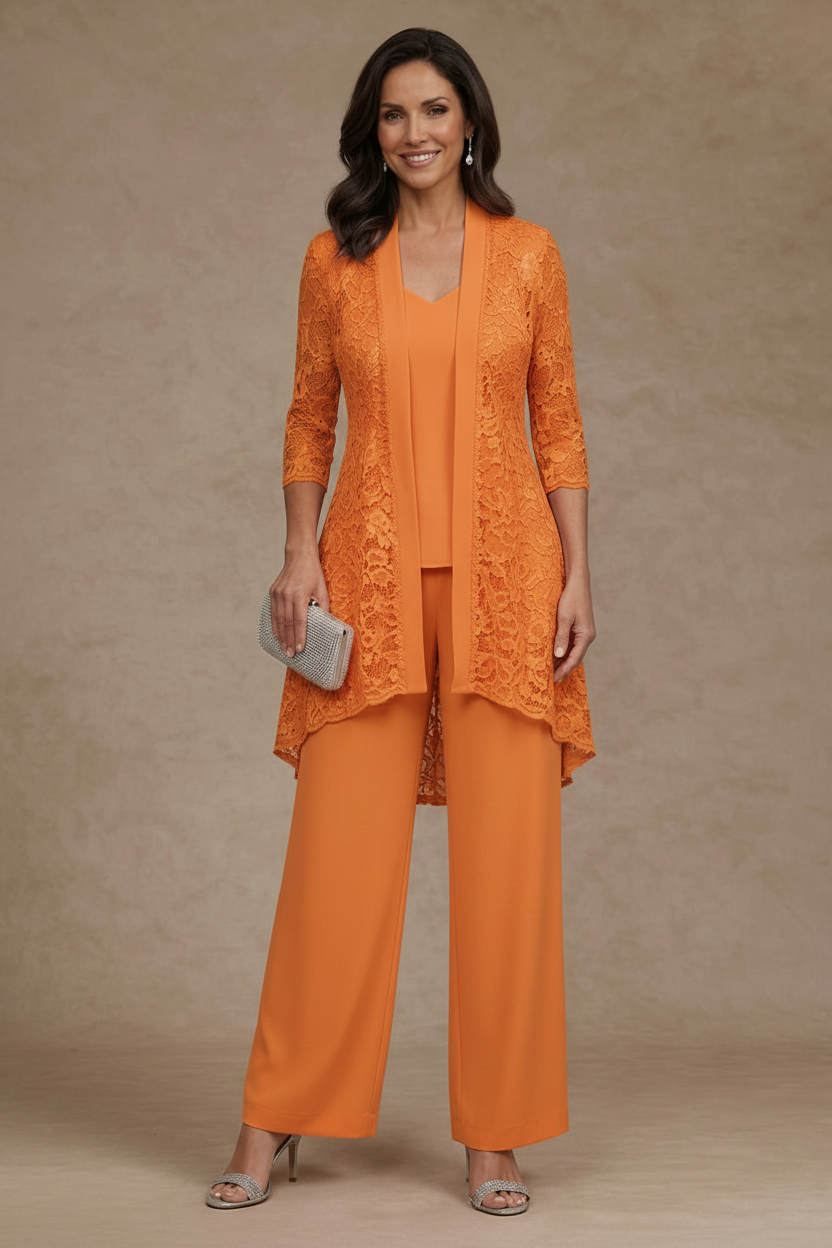 3 Pieces Suit V-Neck Chiffon Mother of the Bride Pantsuits with Jacket Lace Ankle-Length 3/4 Sleeves