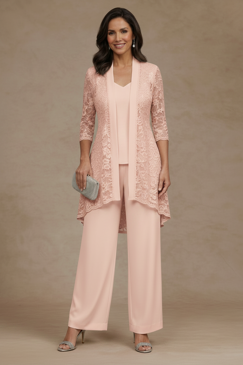 3 Pieces Suit V-Neck Chiffon Mother of the Bride Pantsuits with Jacket Lace Ankle-Length 3/4 Sleeves