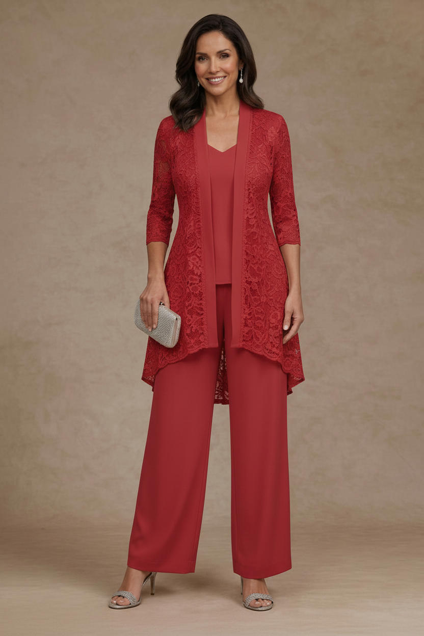 3 Pieces Suit V-Neck Chiffon Mother of the Bride Pantsuits with Jacket Lace Ankle-Length 3/4 Sleeves