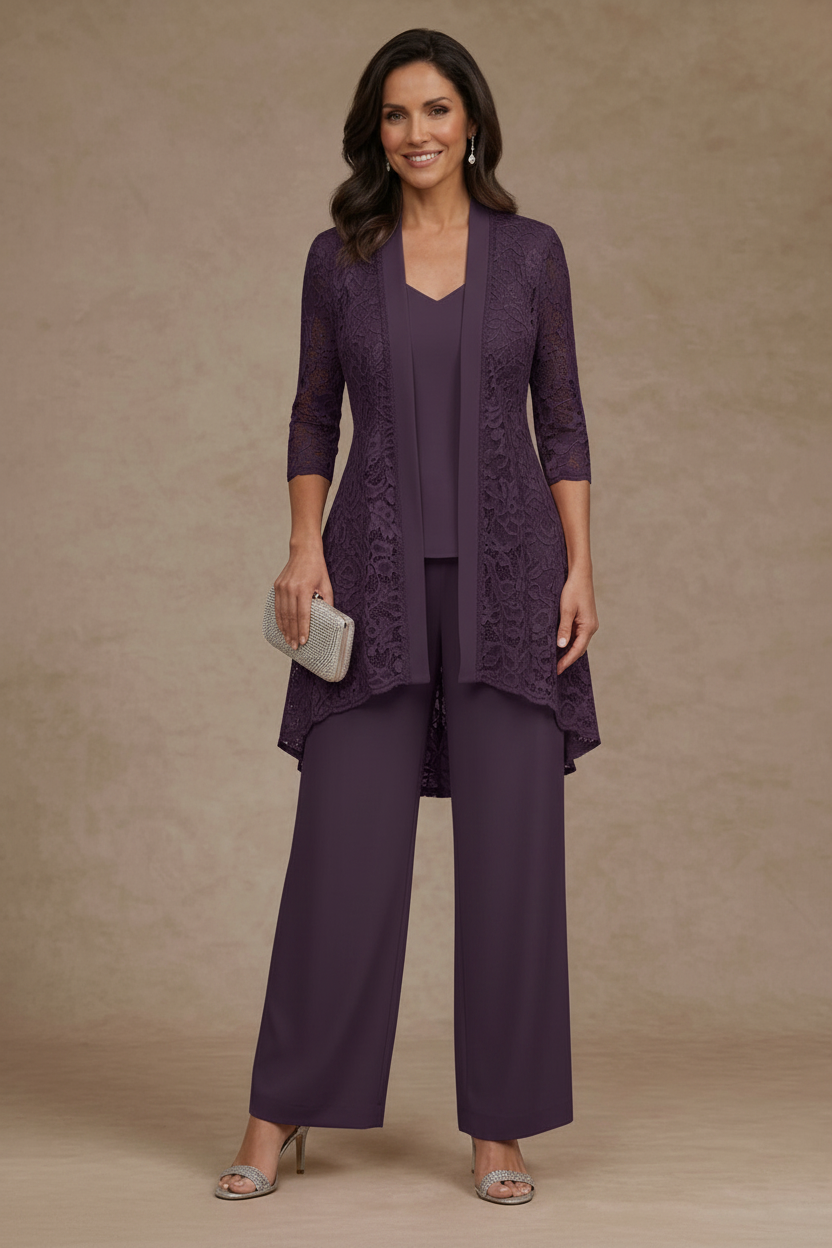 3 Pieces Suit V-Neck Chiffon Mother of the Bride Pantsuits with Jacket Lace Ankle-Length 3/4 Sleeves