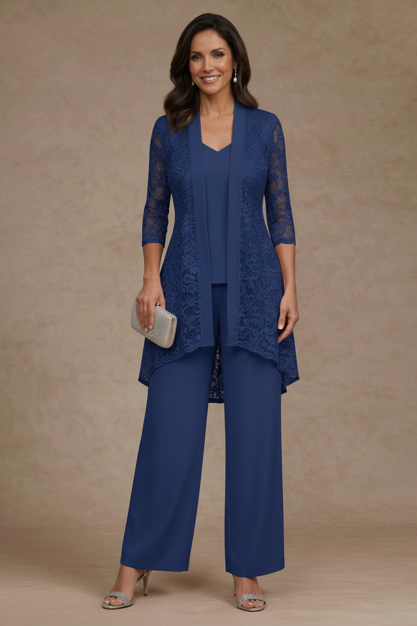 3 Pieces Suit V-Neck Chiffon Mother of the Bride Pantsuits with Jacket Lace Ankle-Length 3/4 Sleeves