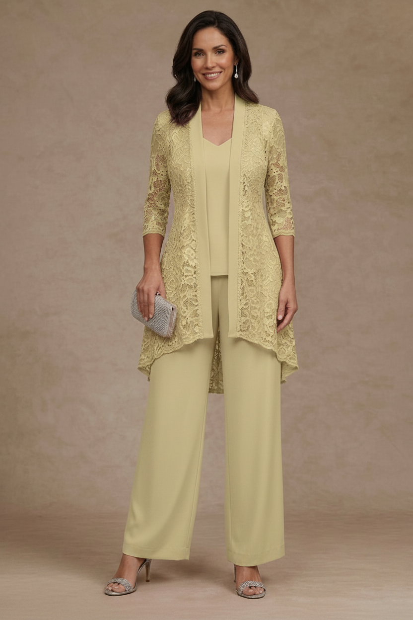3 Pieces Suit V-Neck Chiffon Mother of the Bride Pantsuits with Jacket Lace Ankle-Length 3/4 Sleeves