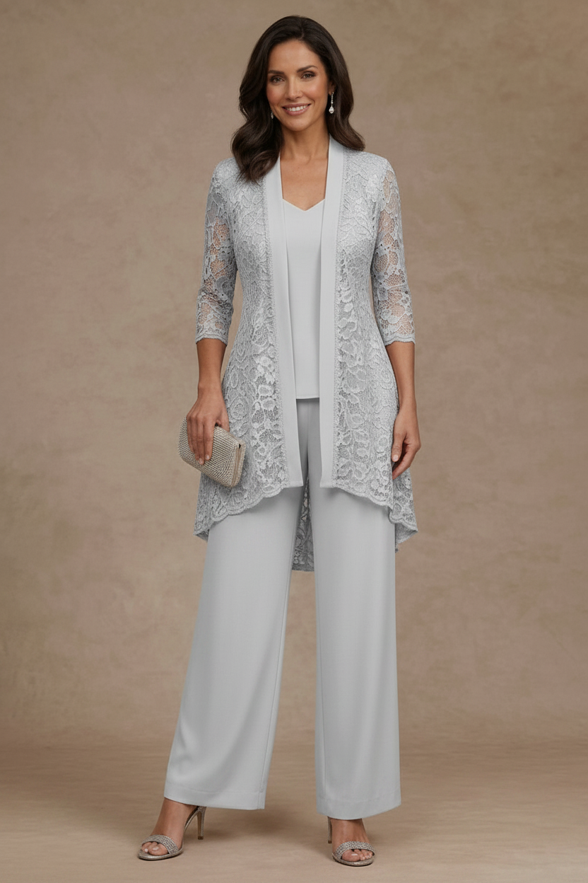 3 Pieces Suit V-Neck Chiffon Mother of the Bride Pantsuits with Jacket Lace Ankle-Length 3/4 Sleeves