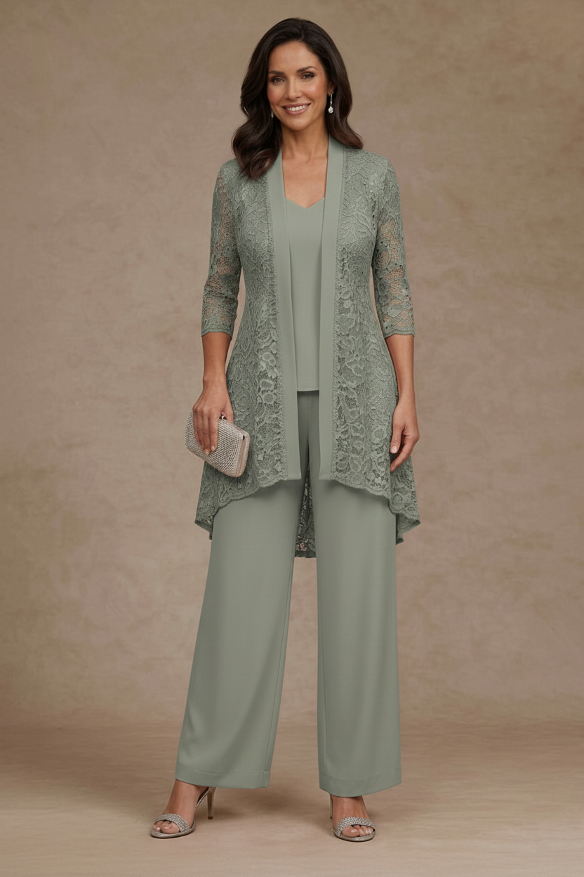 3 Pieces Suit V-Neck Chiffon Mother of the Bride Pantsuits with Jacket Lace Ankle-Length 3/4 Sleeves