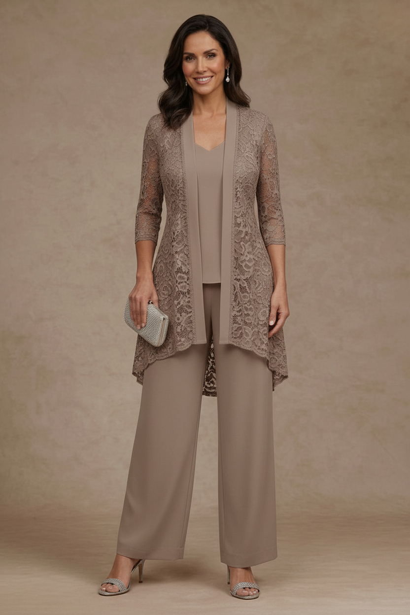 3 Pieces Suit V-Neck Chiffon Mother of the Bride Pantsuits with Jacket Lace Ankle-Length 3/4 Sleeves