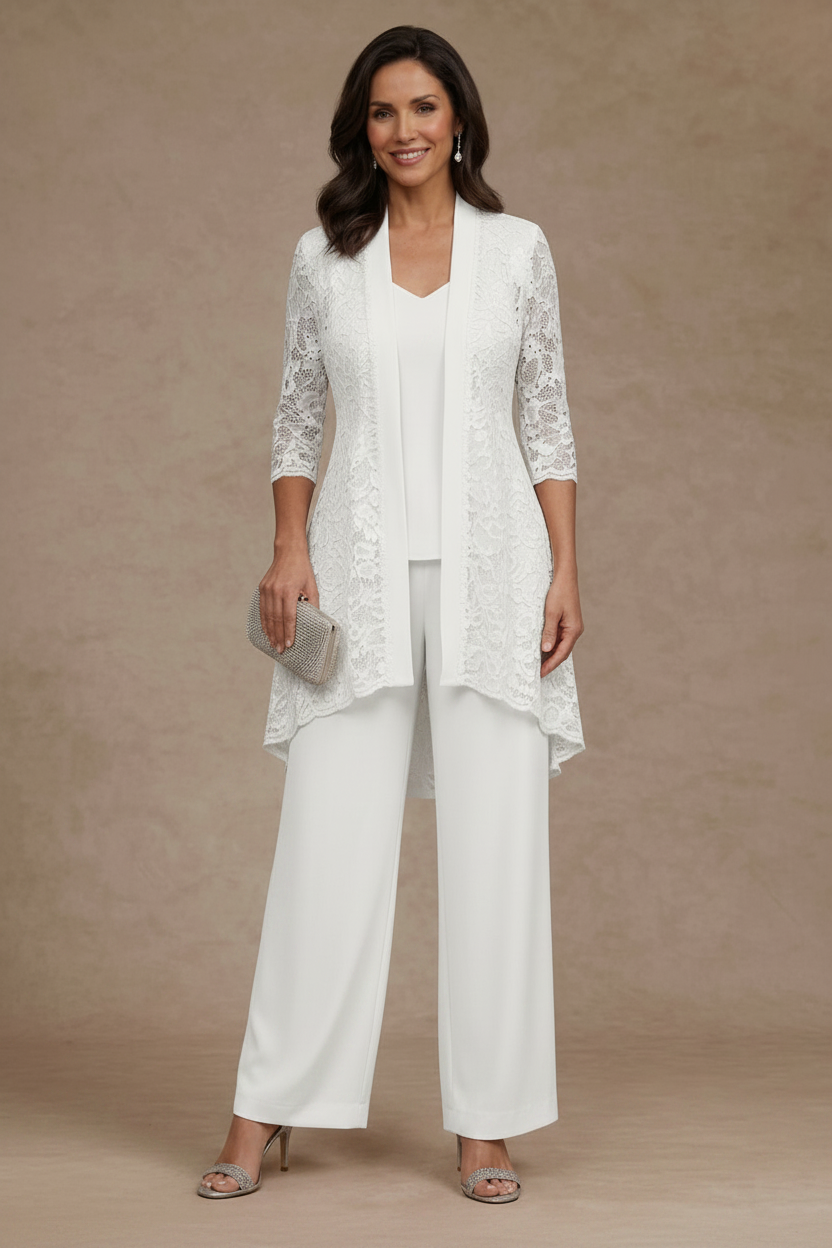 3 Pieces Suit V-Neck Chiffon Mother of the Bride Pantsuits with Jacket Lace Ankle-Length 3/4 Sleeves