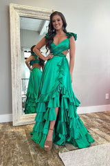 Straps Sleeveless Open Back Long Ruffles Formal Dress With Split