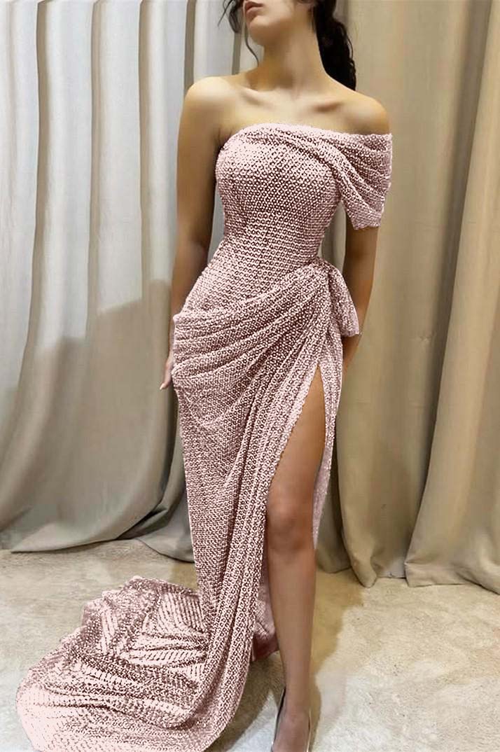 One Shoulder Sleeveless Long Mermaid Formal Dress With Split Pleated