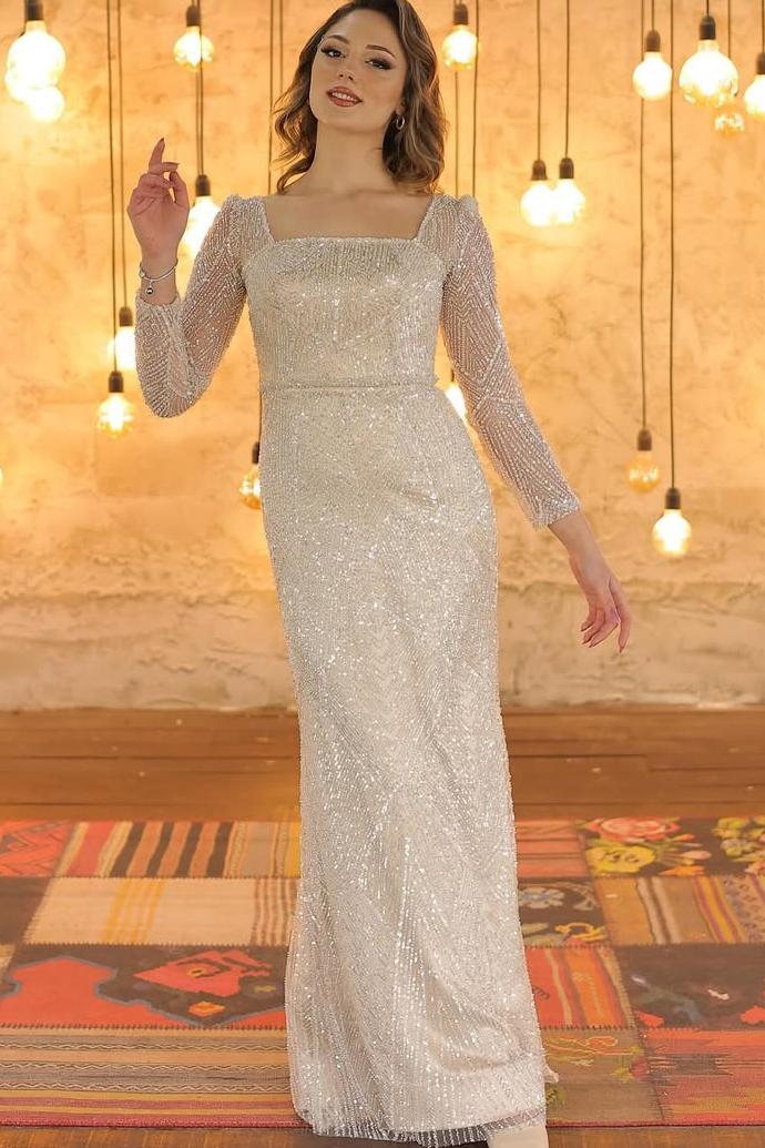 Long Sleeves Square Neck Mermaid Long Formal Dress With Beading