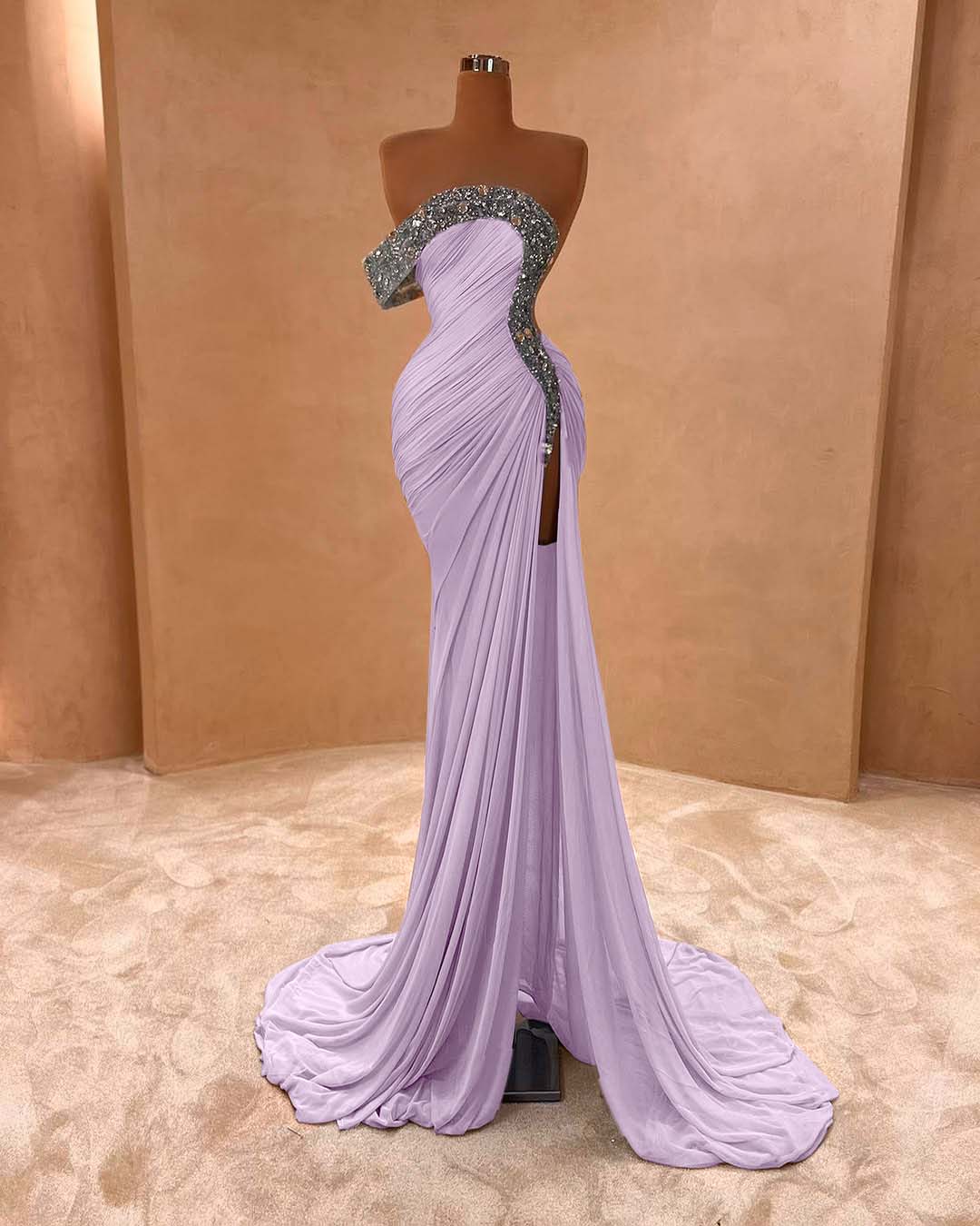 One Shoulder Sleeveless Long Split Formal Dress With Pleated Sequins