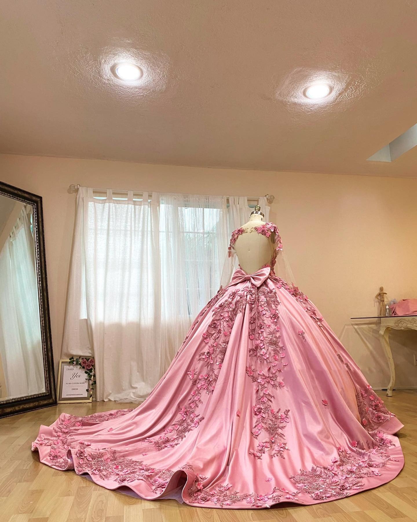 Misshow Pink Satin Quinceanera Dress Floral Lace Appliques Beaded Backless Design & Sweep Train for Sweet 16